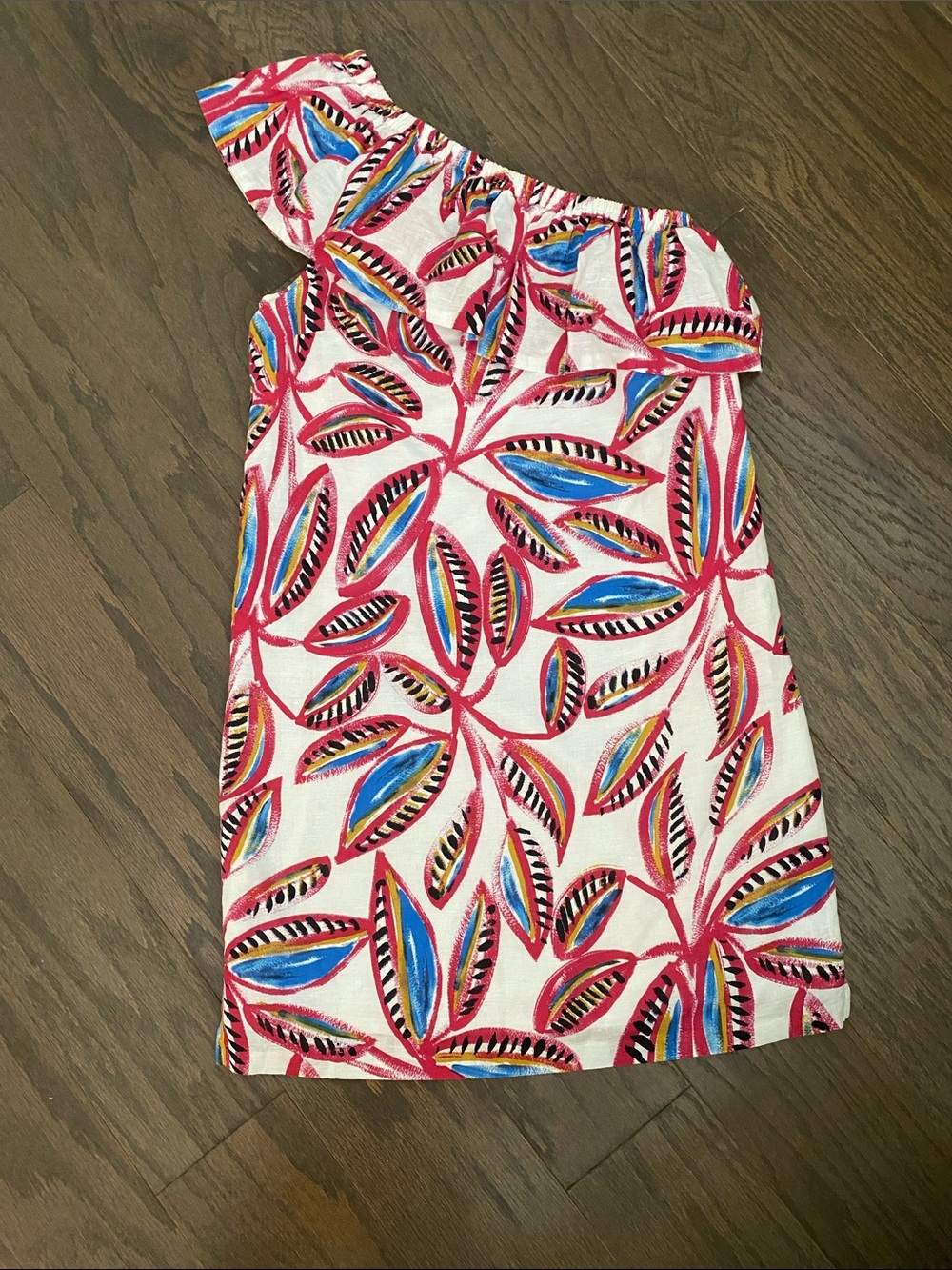 NWOT One-Shoulder Tropical Leaf Print Dress - Pink & Blue